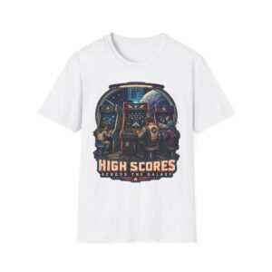 Retro Arcade T-Shirt — "High Scores Across the Galaxy" Space Gamer Tee