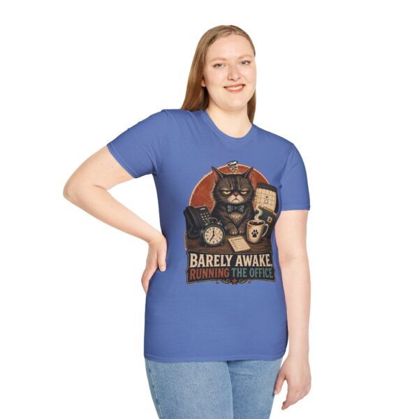 Barely Awake Office Cat T-Shirt — Funny Grumpy Cat Coffee Work Shirt