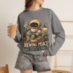Brewing Peace Robot Sweatshirt — "Brewing Peace One Cup at a Time" Cozy Crewneck