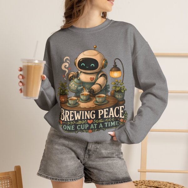Brewing Peace Robot Sweatshirt — "Brewing Peace One Cup at a Time" Cozy Crewneck
