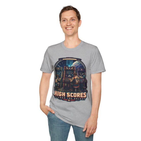 Retro Arcade T-Shirt — "High Scores Across the Galaxy" Space Gamer Tee