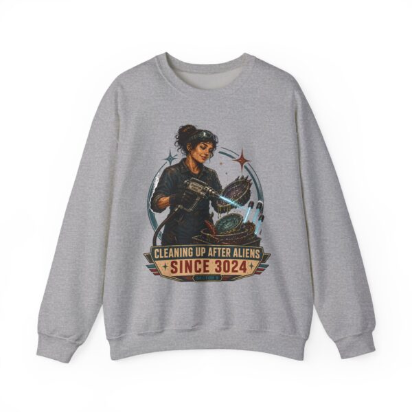 Crewneck Sweatshirt — "Cleaning Up After Aliens Since 3024" Retro Sci‑Fi Crew