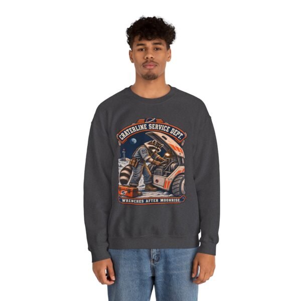 Crewneck Sweatshirt — "Craterline Service Dept. — Wrenches After Moonrise" Raccoon Astronaut Mechanic Graphic