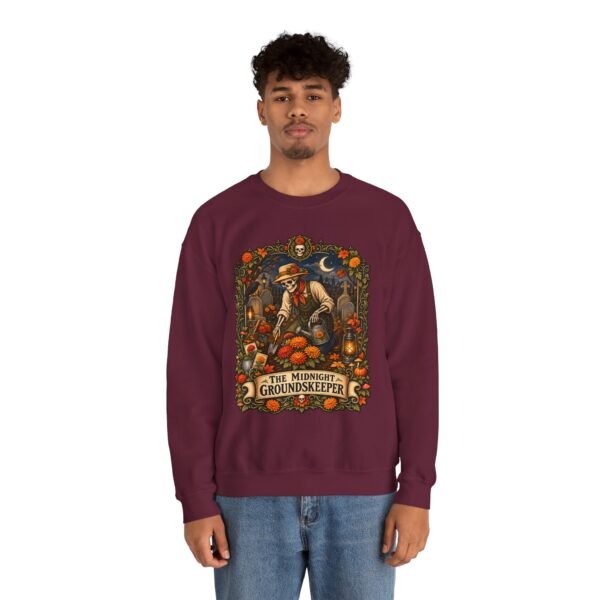 Midnight Groundskeeper Skeleton Gardener Crewneck Sweatshirt — Halloween Pumpkin Patch Graphic