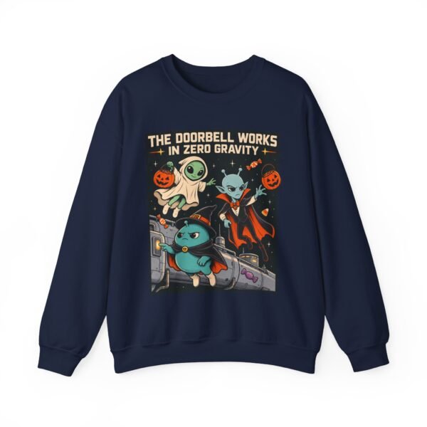 Halloween Alien Crewneck Sweatshirt — “The Doorbell Works in Zero Gravity” Cute Spooky Graphic