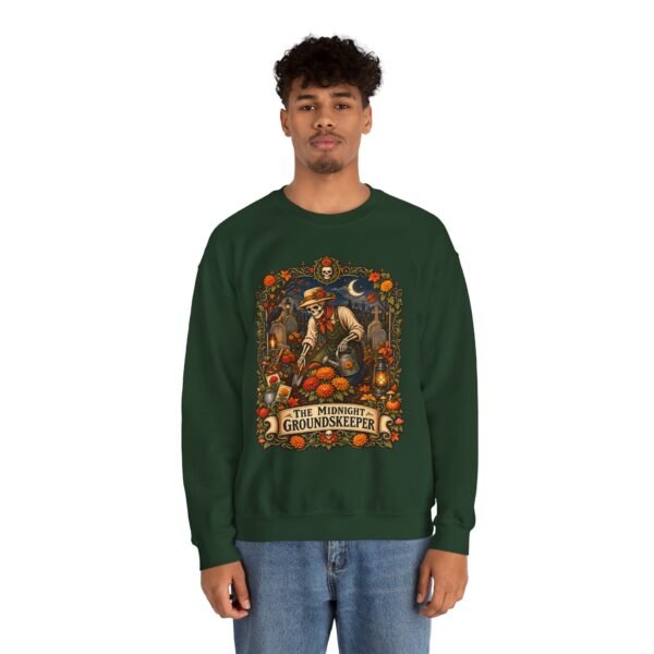 Midnight Groundskeeper Skeleton Gardener Crewneck Sweatshirt — Halloween Pumpkin Patch Graphic