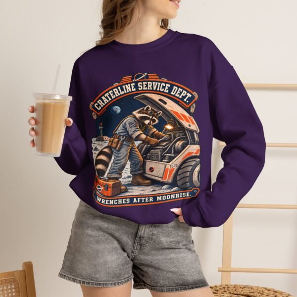 Crewneck Sweatshirt — "Craterline Service Dept. — Wrenches After Moonrise" Raccoon Astronaut Mechanic Graphic