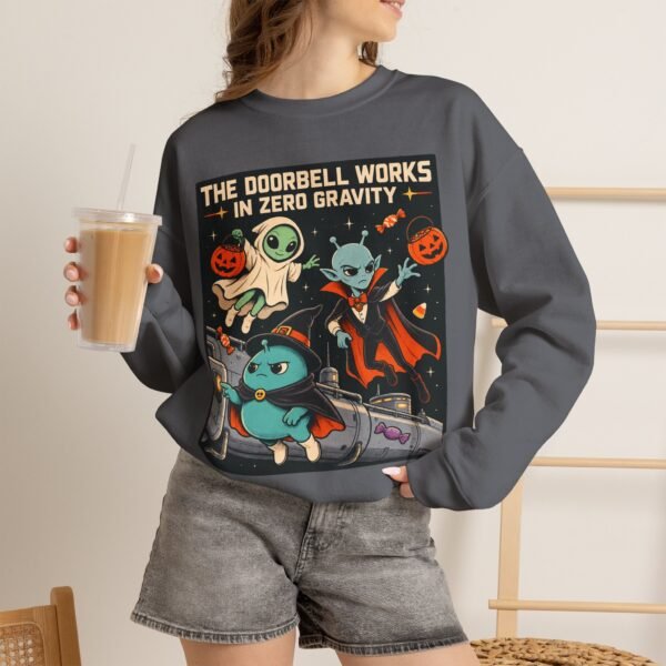 Halloween Alien Crewneck Sweatshirt — “The Doorbell Works in Zero Gravity” Cute Spooky Graphic