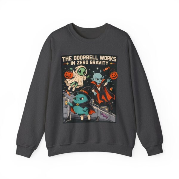 Halloween Alien Crewneck Sweatshirt — “The Doorbell Works in Zero Gravity” Cute Spooky Graphic