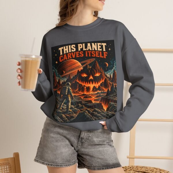Halloween Astronaut Sweatshirt — "This Planet Carves Itself" Vintage Horror Crewneck