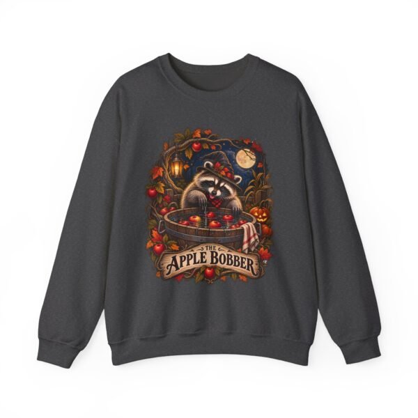 Crewneck Sweatshirt — "The Apple Bobber" Halloween Raccoon Apple-Bobbing Design