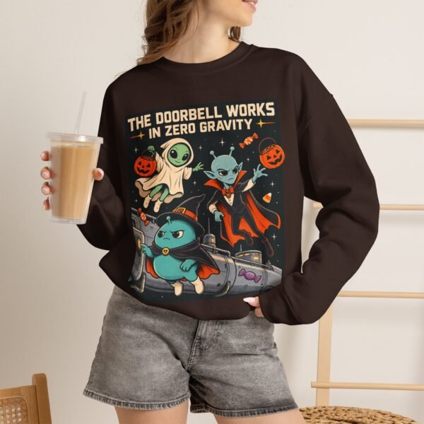 Halloween Alien Crewneck Sweatshirt — “The Doorbell Works in Zero Gravity” Cute Spooky Graphic