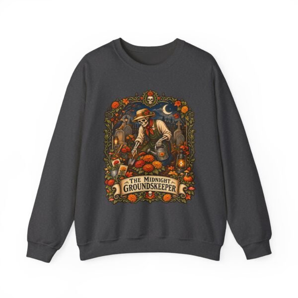 Midnight Groundskeeper Skeleton Gardener Crewneck Sweatshirt — Halloween Pumpkin Patch Graphic