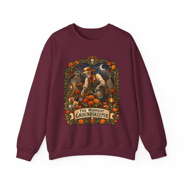 Midnight Groundskeeper Skeleton Gardener Crewneck Sweatshirt — Halloween Pumpkin Patch Graphic