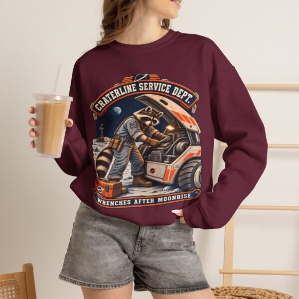 Crewneck Sweatshirt — "Craterline Service Dept. — Wrenches After Moonrise" Raccoon Astronaut Mechanic Graphic
