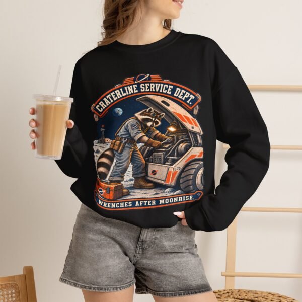 Crewneck Sweatshirt — "Craterline Service Dept. — Wrenches After Moonrise" Raccoon Astronaut Mechanic Graphic
