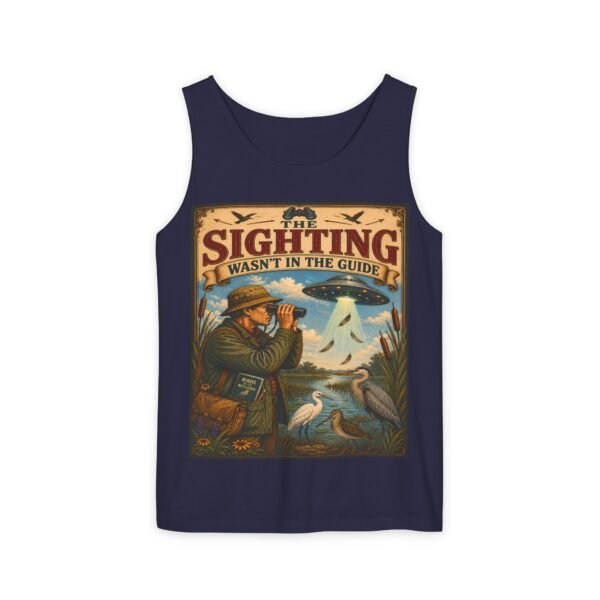 Birdwatching Tank Top — "The Sighting Wasn't in the Guide" Vintage Nature Graphic