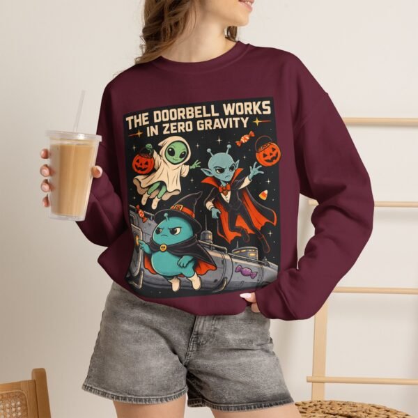 Halloween Alien Crewneck Sweatshirt — “The Doorbell Works in Zero Gravity” Cute Spooky Graphic