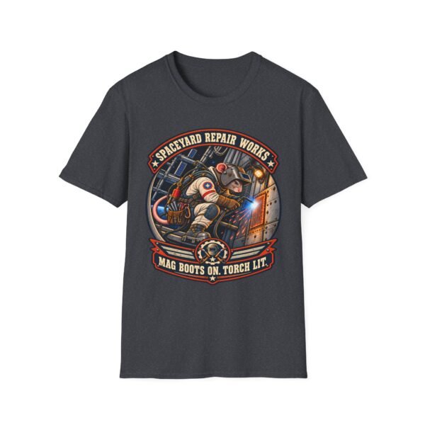 Spaceyard Repair Works T‑Shirt — Retro Astronaut Rat Graphic (Mag Boots On, Torch Lit)