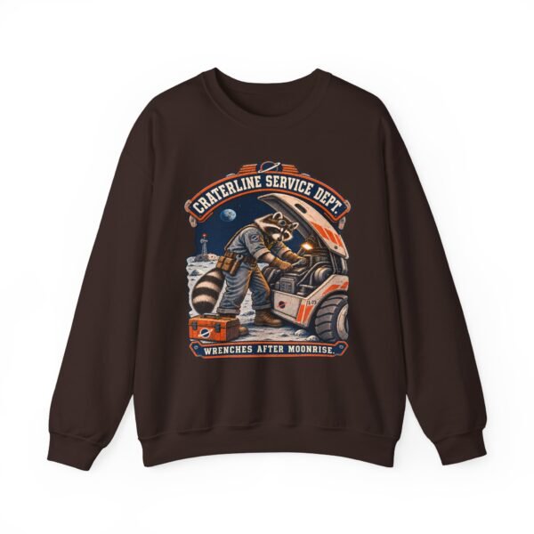 Crewneck Sweatshirt — "Craterline Service Dept. — Wrenches After Moonrise" Raccoon Astronaut Mechanic Graphic
