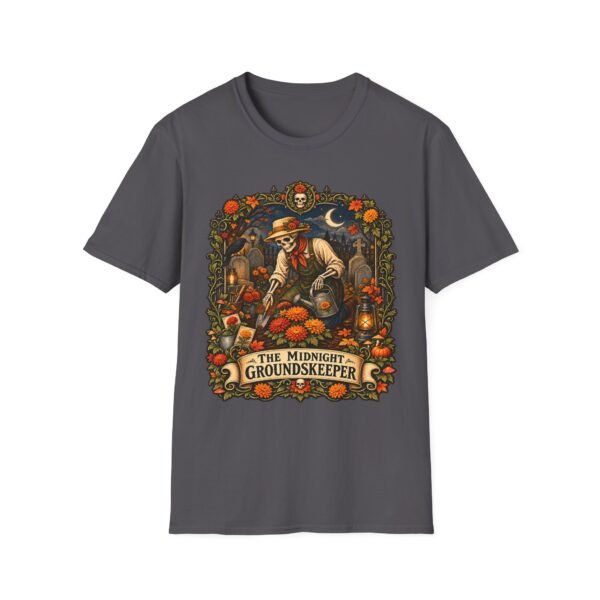Groundskeeper Skull Halloween T-Shirt — “The Midnight Groundskeeper” Pumpkin Patch Tee