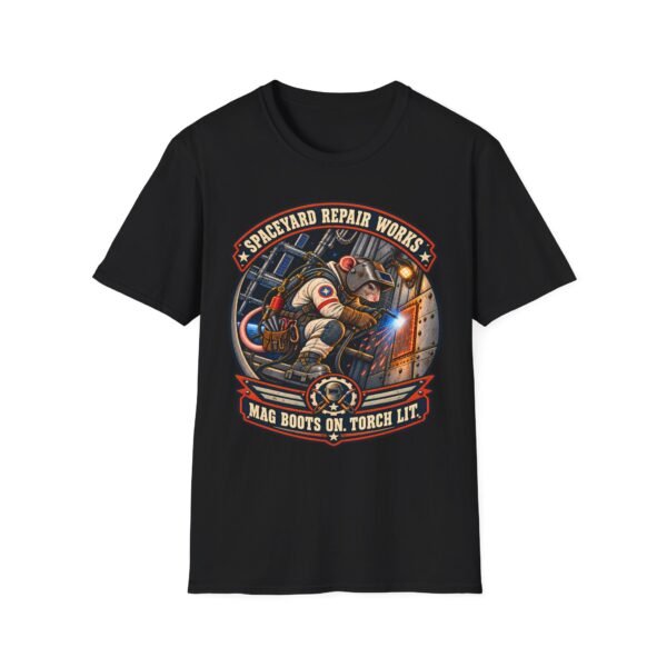 Spaceyard Repair Works T‑Shirt — Retro Astronaut Rat Graphic (Mag Boots On, Torch Lit)
