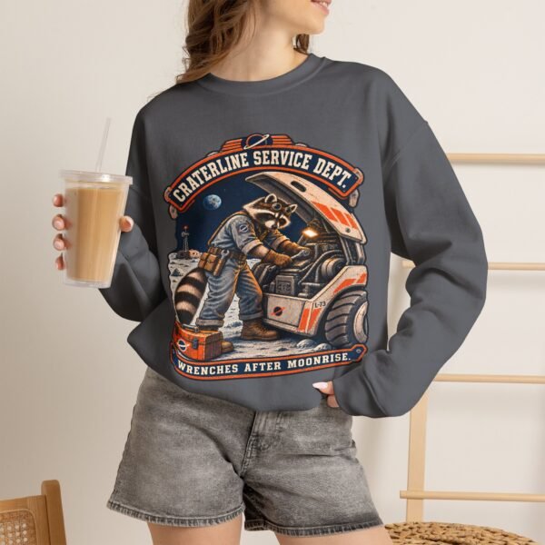 Crewneck Sweatshirt — "Craterline Service Dept. — Wrenches After Moonrise" Raccoon Astronaut Mechanic Graphic
