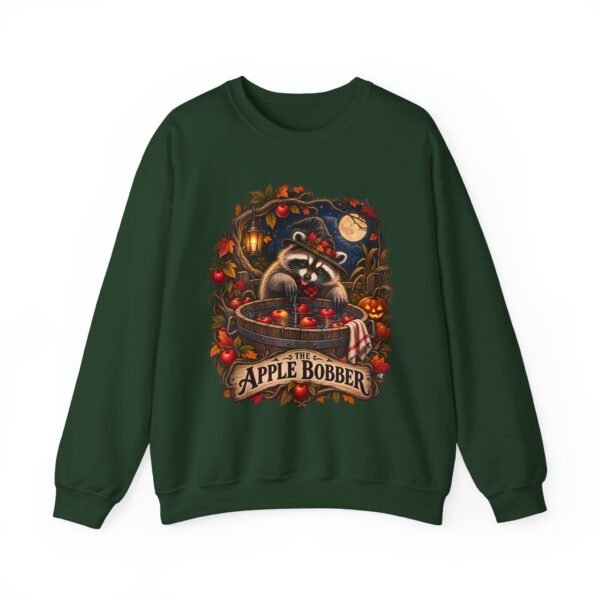 Crewneck Sweatshirt — "The Apple Bobber" Halloween Raccoon Apple-Bobbing Design