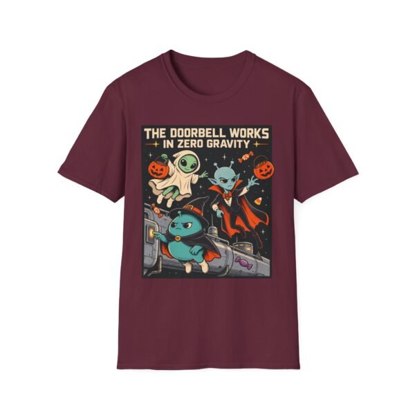 Halloween Alien Crew T‑Shirt — “The Doorbell Works in Zero Gravity” Retro Space Costume Tee