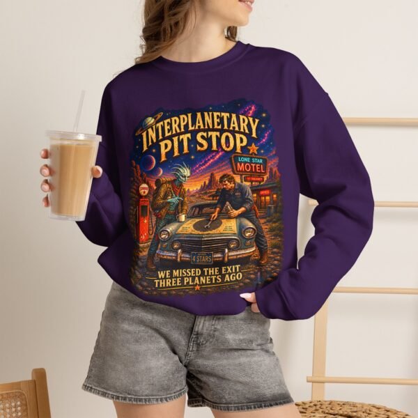 Interplanetary Pit Stop Crewneck Sweatshirt — Retro Space Roadtrip Graphic