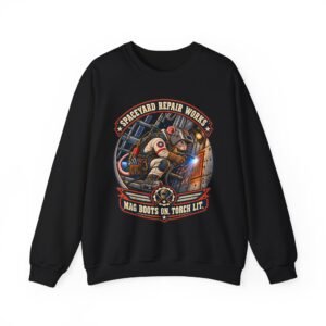 Spaceyard Repair Works Crewneck Sweatshirt — "Mag Boots On, Torch Lit" Retro Space Mechanic Shirt