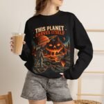 Halloween Astronaut Sweatshirt — "This Planet Carves Itself" Vintage Horror Crewneck