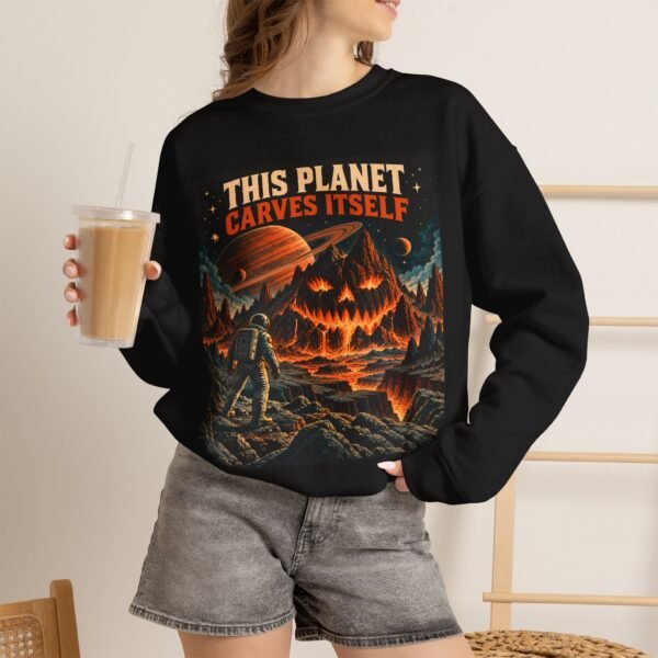 Halloween Astronaut Sweatshirt — "This Planet Carves Itself" Vintage Horror Crewneck
