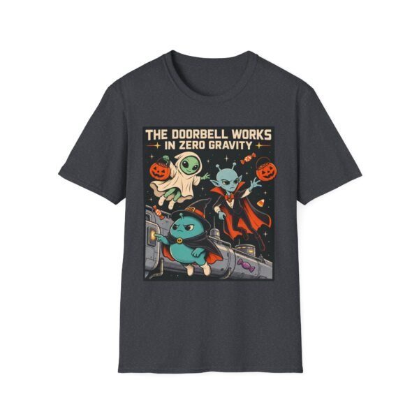 Halloween Alien Crew T‑Shirt — “The Doorbell Works in Zero Gravity” Retro Space Costume Tee
