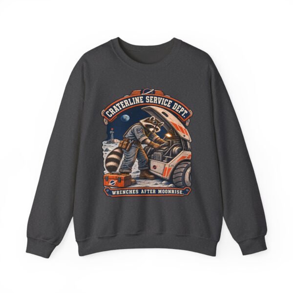 Crewneck Sweatshirt — "Craterline Service Dept. — Wrenches After Moonrise" Raccoon Astronaut Mechanic Graphic