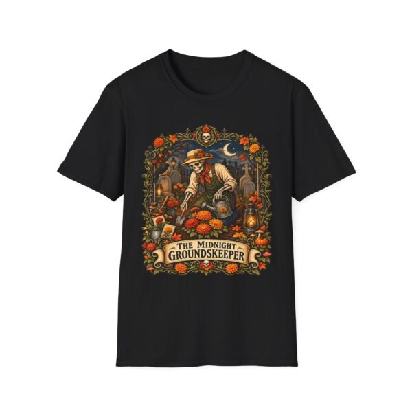 Groundskeeper Skull Halloween T-Shirt — “The Midnight Groundskeeper” Pumpkin Patch Tee