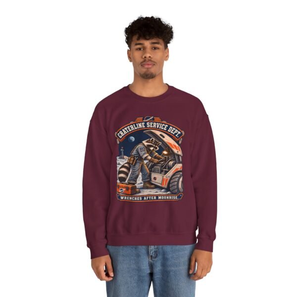 Crewneck Sweatshirt — "Craterline Service Dept. — Wrenches After Moonrise" Raccoon Astronaut Mechanic Graphic