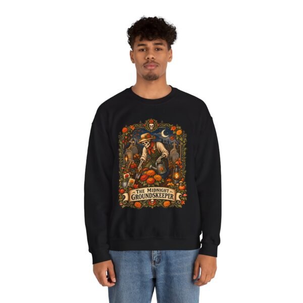 Midnight Groundskeeper Skeleton Gardener Crewneck Sweatshirt — Halloween Pumpkin Patch Graphic