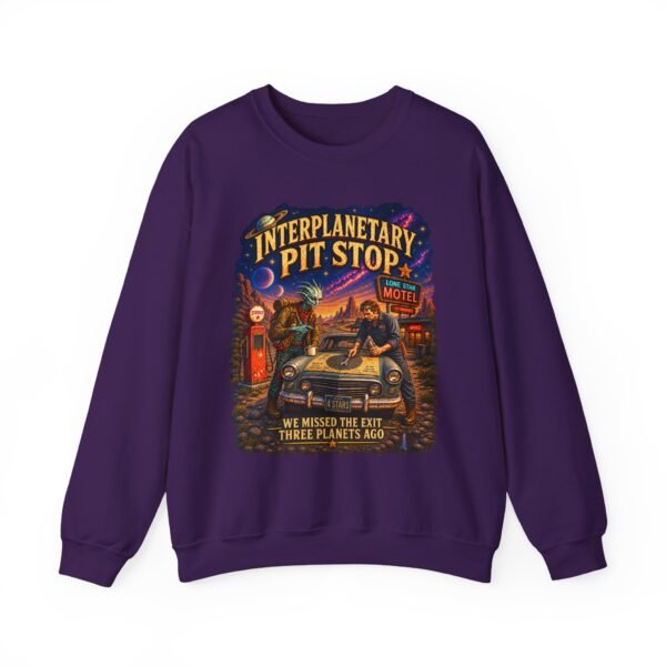Interplanetary Pit Stop Crewneck Sweatshirt — Retro Space Roadtrip Graphic