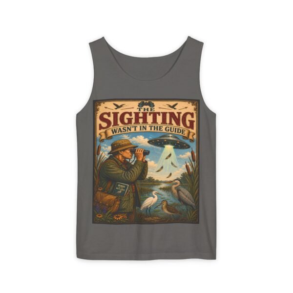 Birdwatching Tank Top — "The Sighting Wasn't in the Guide" Vintage Nature Graphic