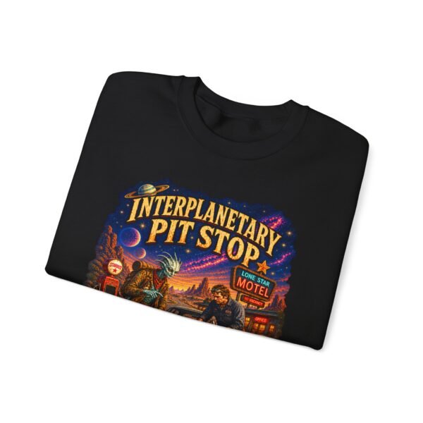 Interplanetary Pit Stop Crewneck Sweatshirt — Retro Space Roadtrip Graphic
