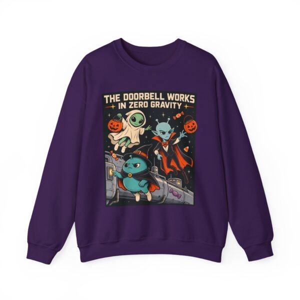 Halloween Alien Crewneck Sweatshirt — “The Doorbell Works in Zero Gravity” Cute Spooky Graphic