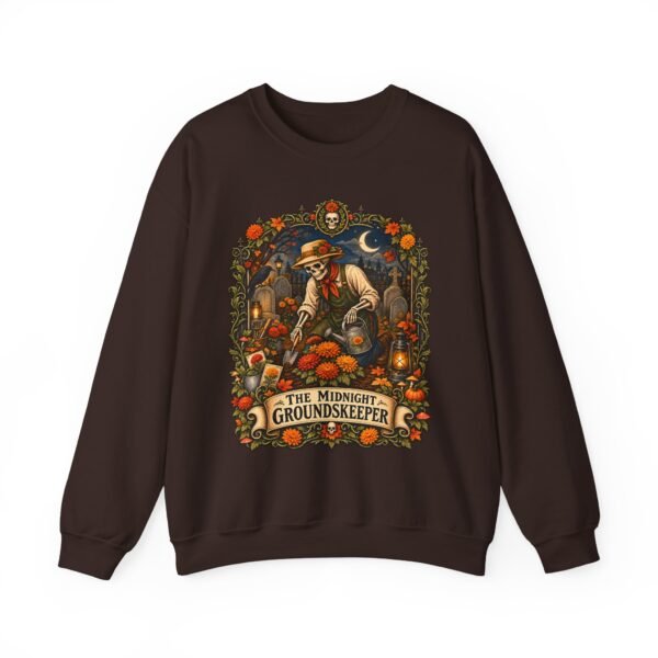 Midnight Groundskeeper Skeleton Gardener Crewneck Sweatshirt — Halloween Pumpkin Patch Graphic