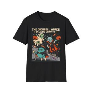 Halloween Alien Crew T‑Shirt — “The Doorbell Works in Zero Gravity” Retro Space Costume Tee