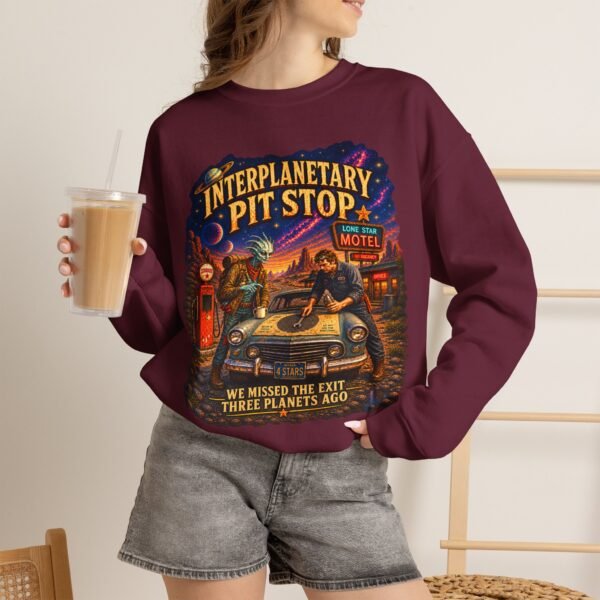 Interplanetary Pit Stop Crewneck Sweatshirt — Retro Space Roadtrip Graphic