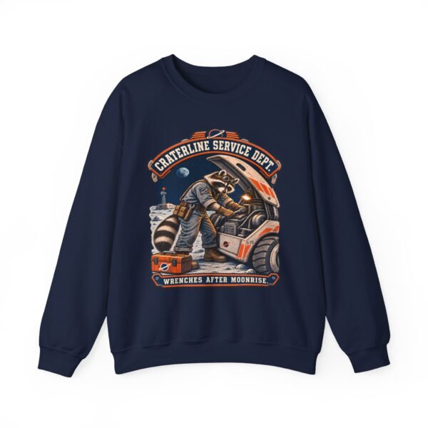 Crewneck Sweatshirt — "Craterline Service Dept. — Wrenches After Moonrise" Raccoon Astronaut Mechanic Graphic