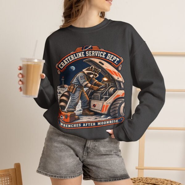 Crewneck Sweatshirt — "Craterline Service Dept. — Wrenches After Moonrise" Raccoon Astronaut Mechanic Graphic