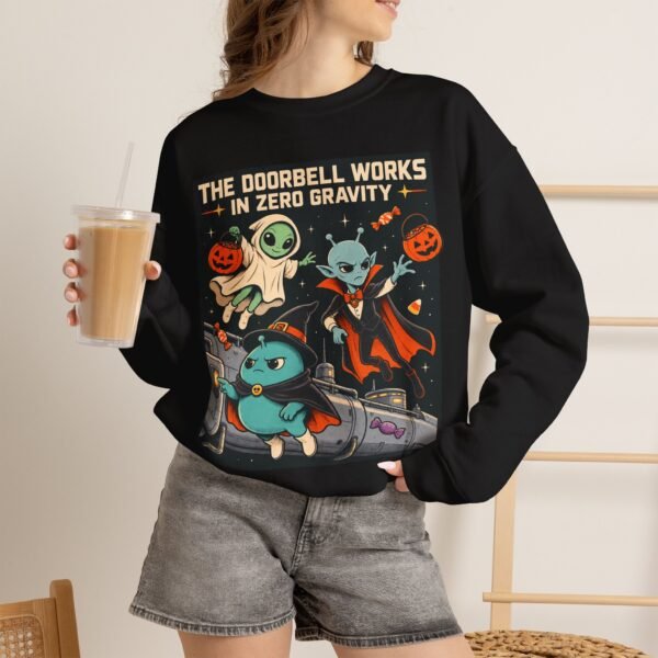 Halloween Alien Crewneck Sweatshirt — “The Doorbell Works in Zero Gravity” Cute Spooky Graphic