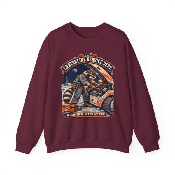 Crewneck Sweatshirt — "Craterline Service Dept. — Wrenches After Moonrise" Raccoon Astronaut Mechanic Graphic