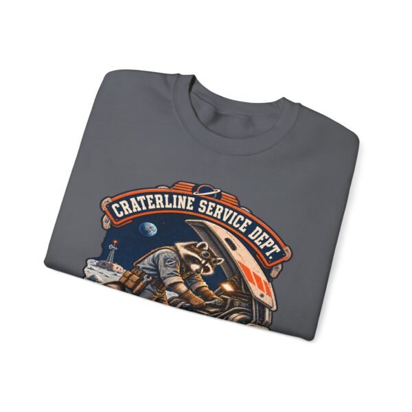 Crewneck Sweatshirt — "Craterline Service Dept. — Wrenches After Moonrise" Raccoon Astronaut Mechanic Graphic